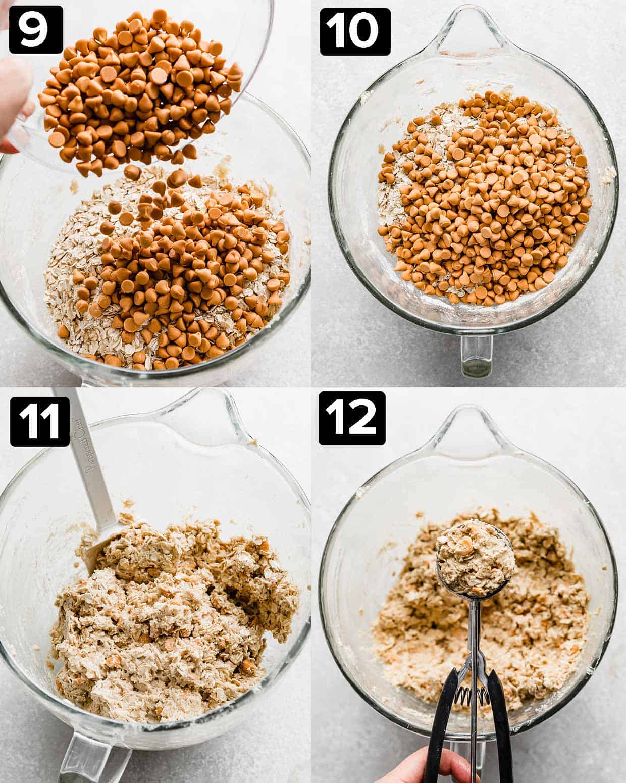 Four photos showing how to make oatmeal butterscotch cookies.