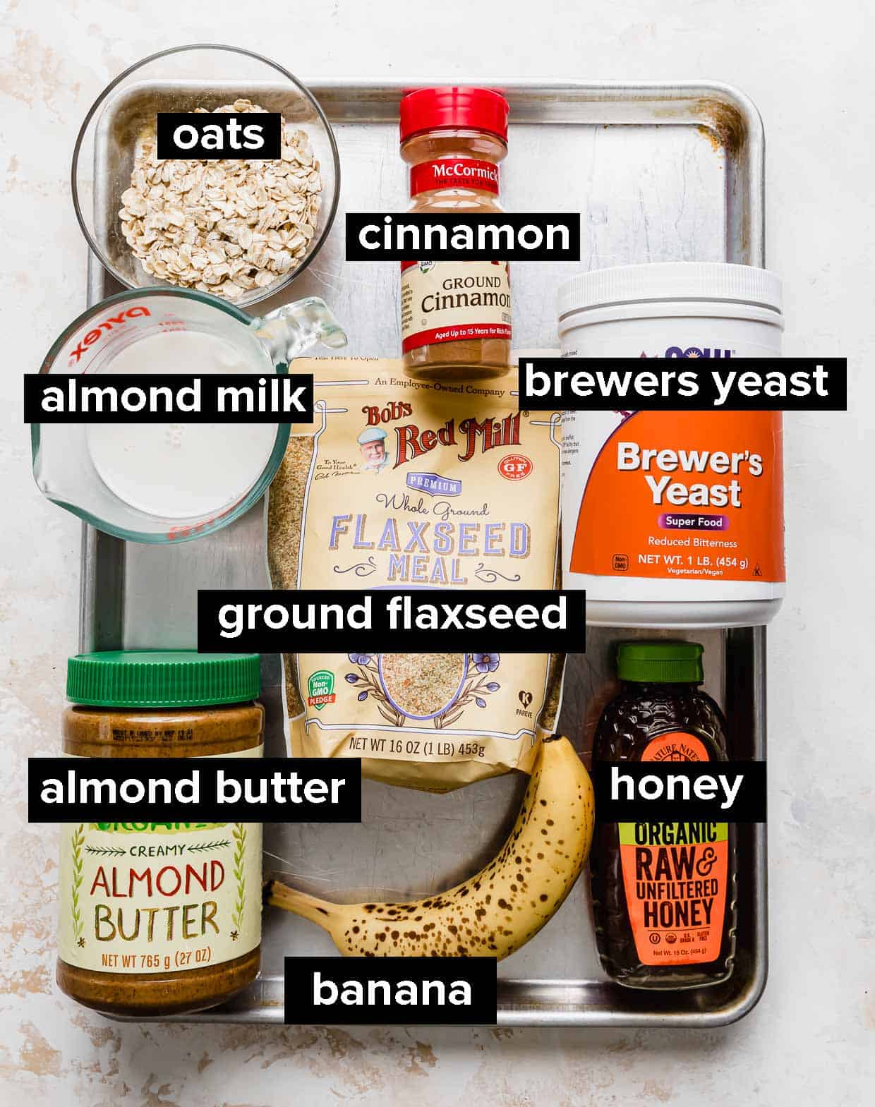 Ingredients used to make a lactation smoothie, on a baking sheet. 