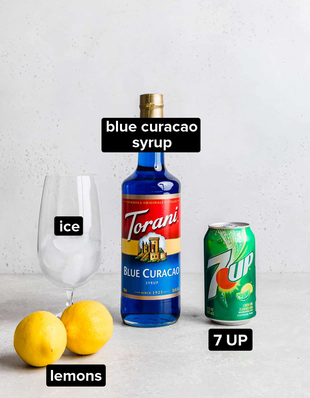 Ingredients used to make a virgin blue lagoon drink recipe.