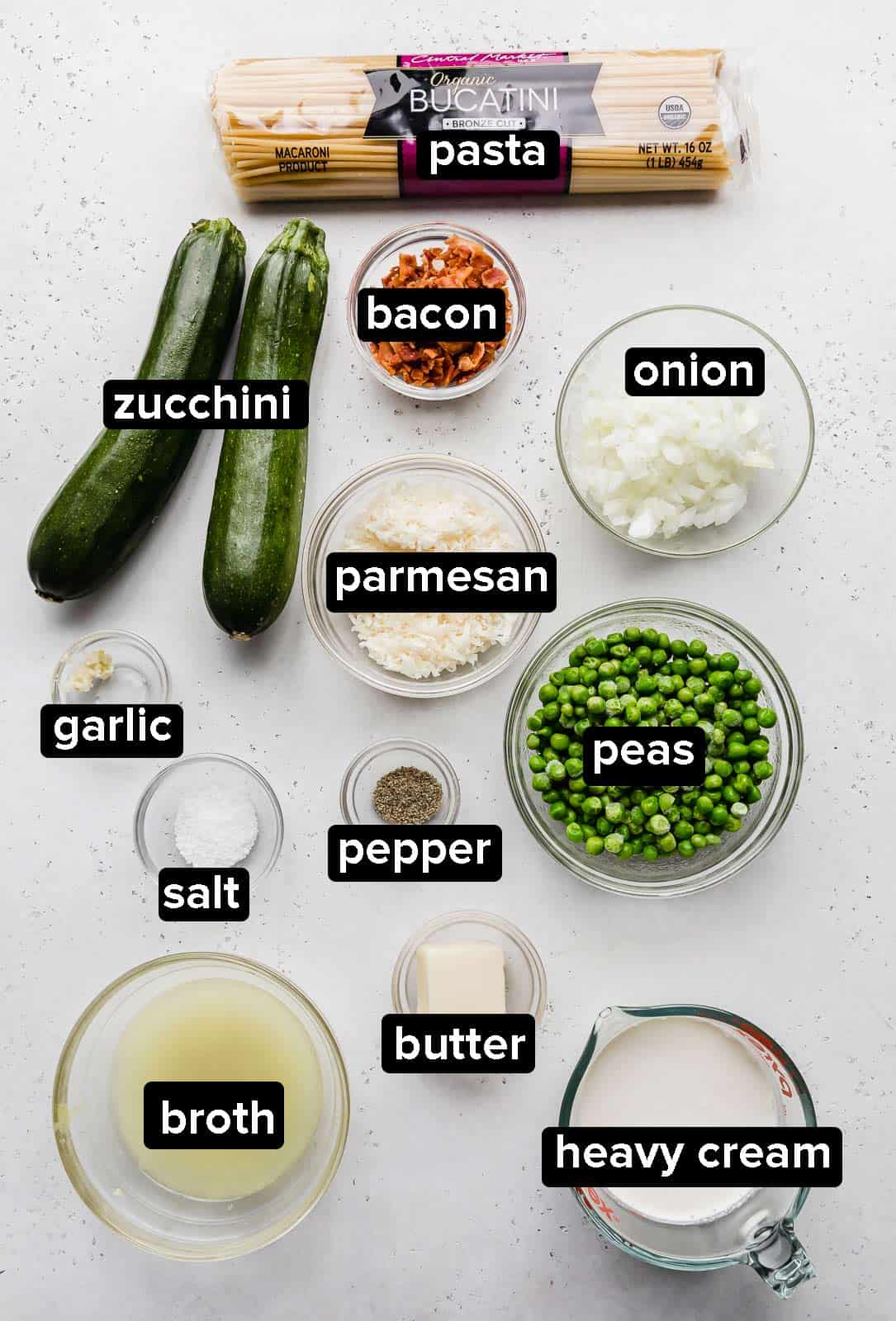 Ingredients used to make the best Pasta with Zucchini Sauce recipe on a gray background.