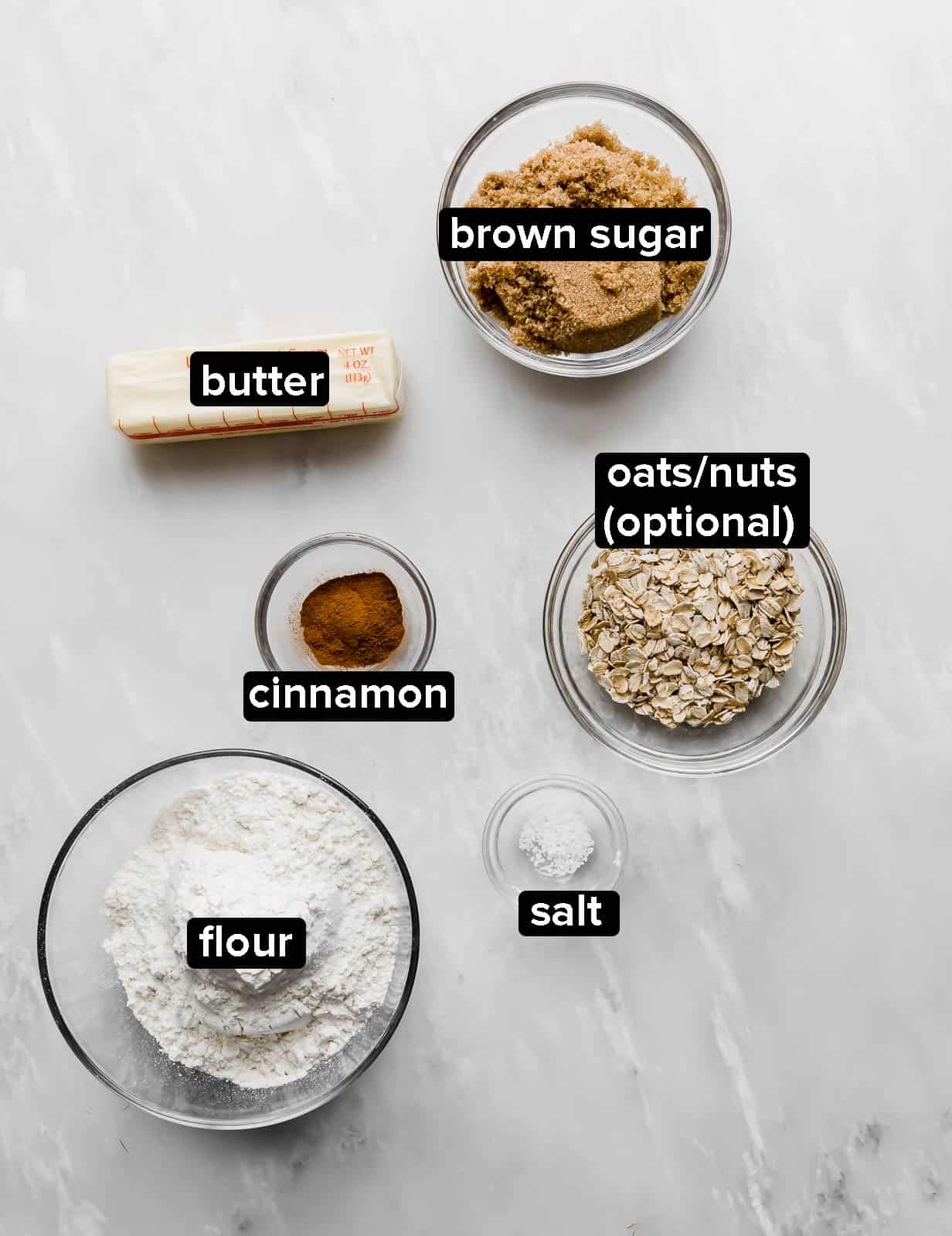 Ingredients used to make Streusel Topping on a white background.