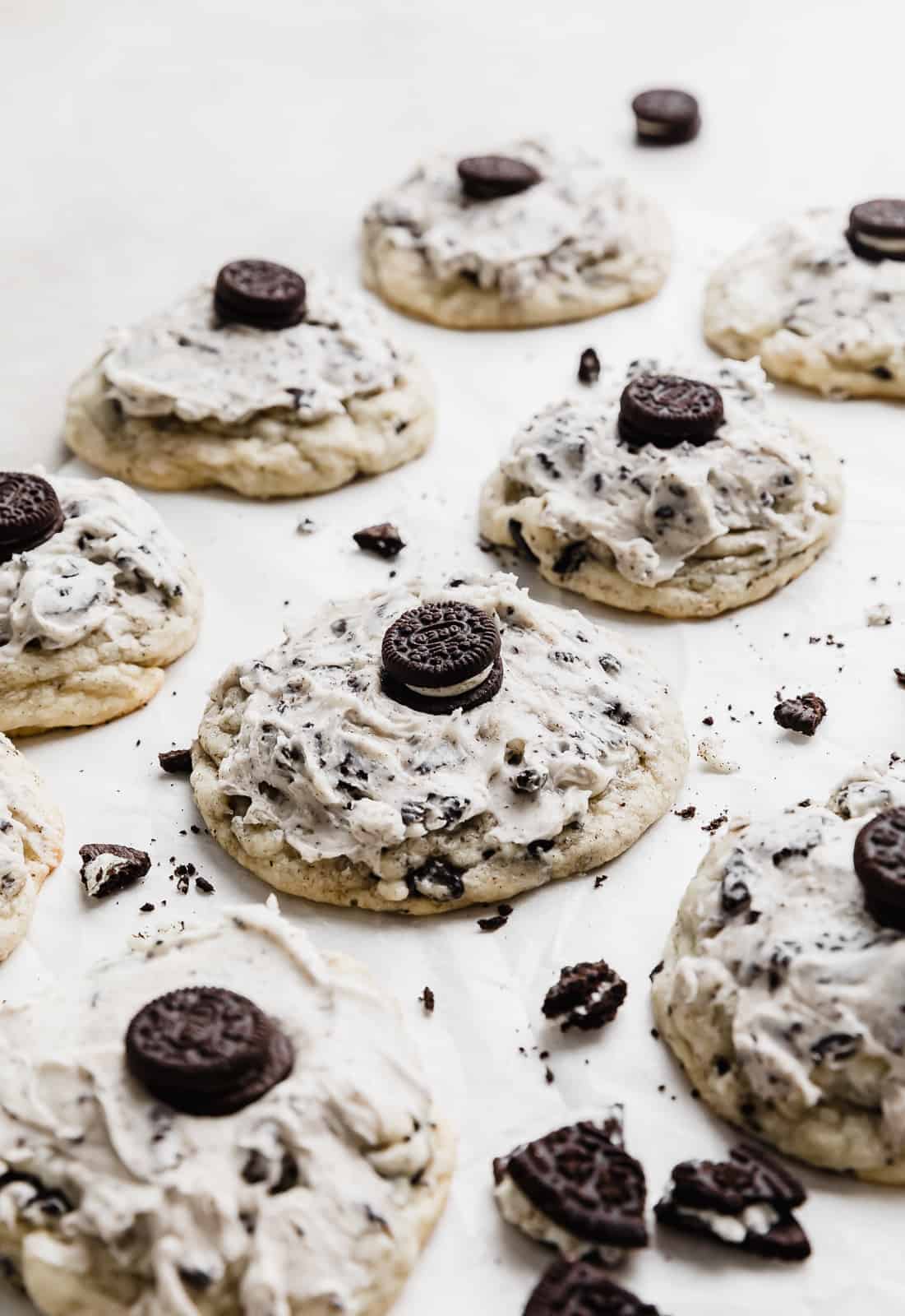 A copycat Crumbl cookies and cream milkshake cookie with a mini Oreo on top.