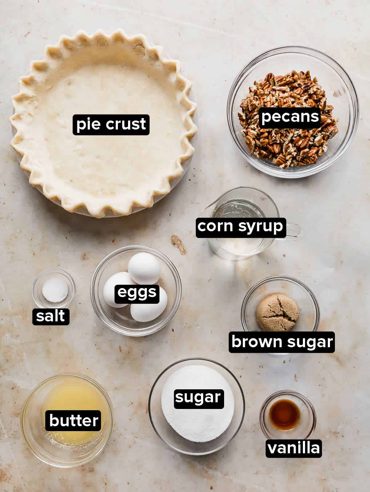 Recipes to make a Pecan Pie Recipe on a cream background.