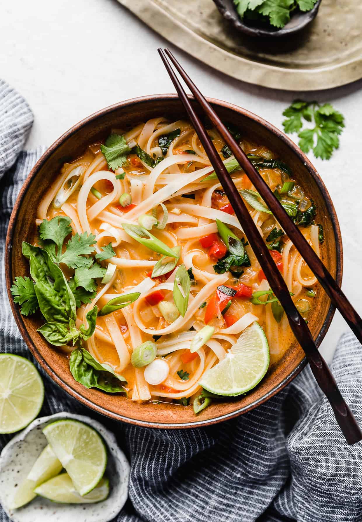 Thai Red Curry Noodle Soup in a bowl with chopsticks resting on the top of the bowl.