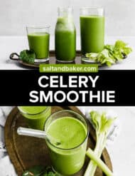 A two photo collage of a green celery smoothie against a white background.