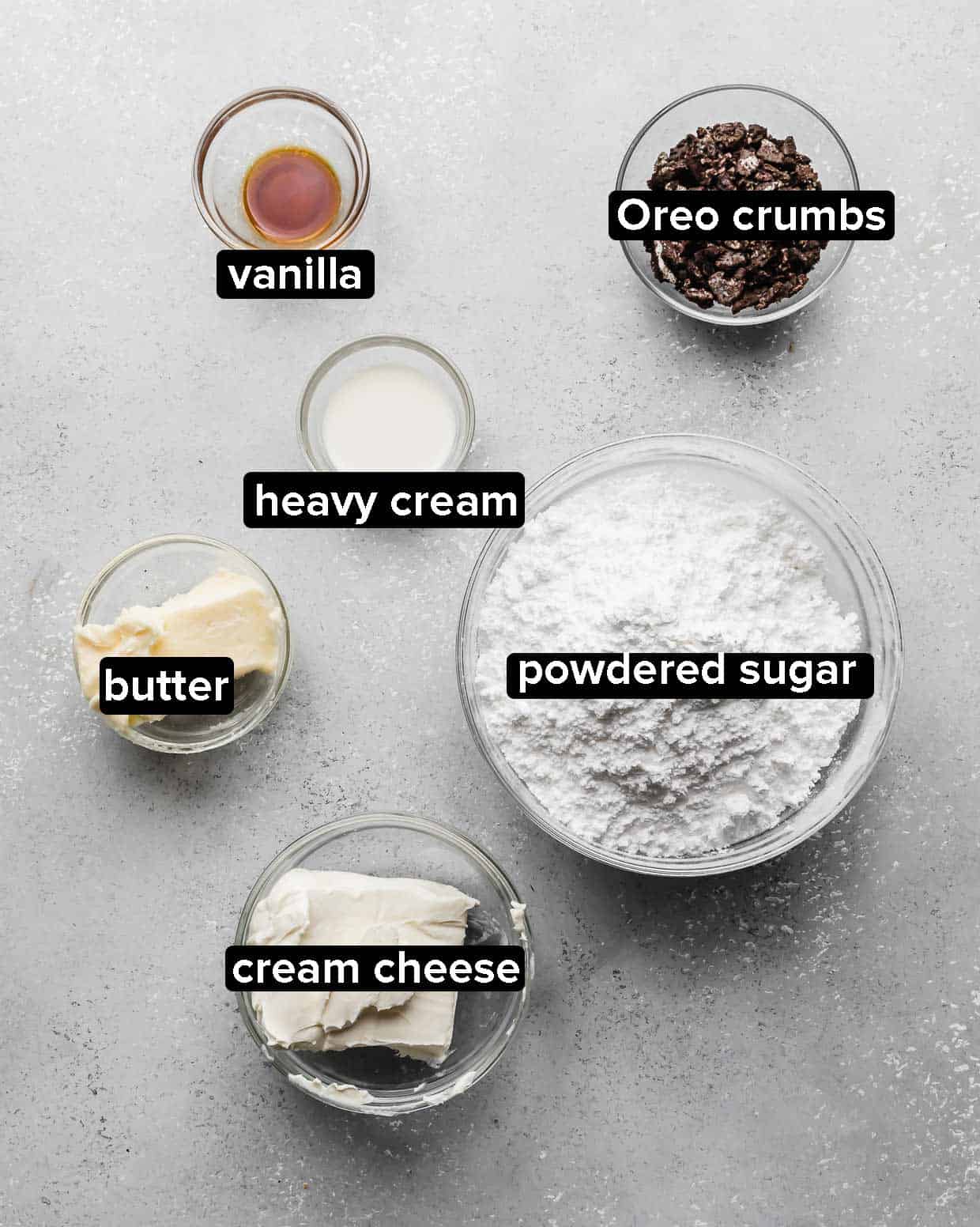 Ingredients used to make the frosting for Chocolate Oreo Crumbl Cookies.