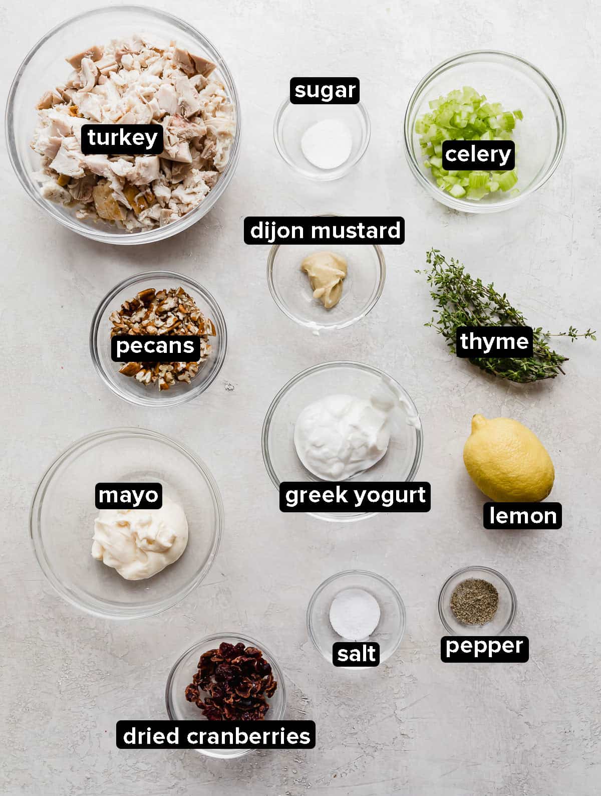 Leftover Turkey Salad ingredients on a gray background.