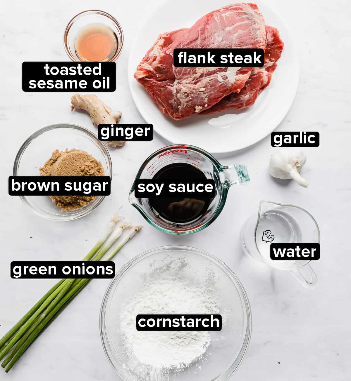 Slow Cooker Mongolian Beef ingredients on a white background.