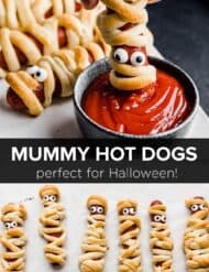 A two photo collage of Mummy Hot Dogs, top photo a mummy dog is dipping into ketchup, bottom photo shows a row of halloween mummy hot dogs on a white paper.