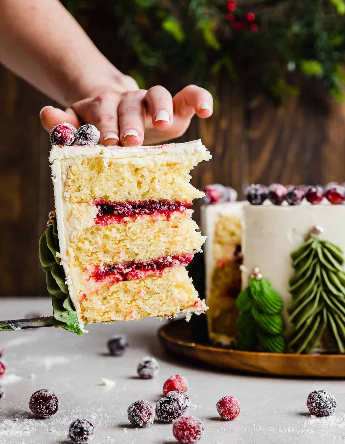 A hand holding up a slice of orange cranberry cake with a christmas tree decorated cake in the background.