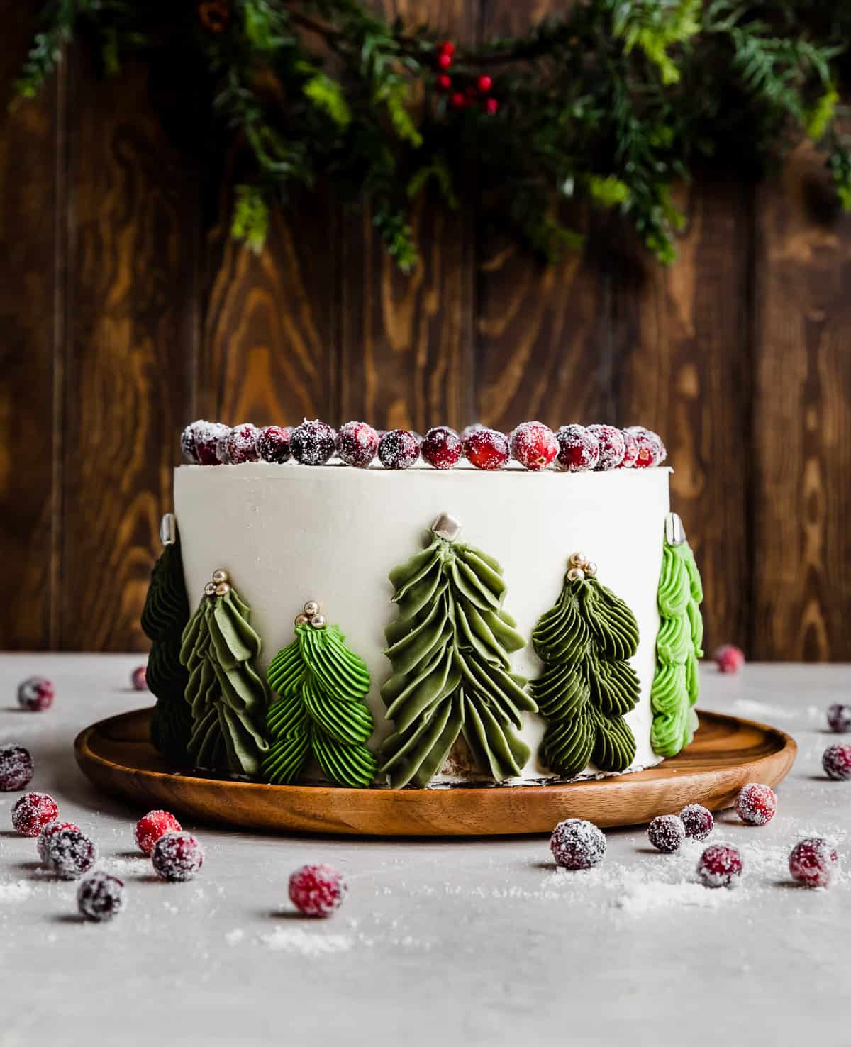An orange cranberry cake with Christmas Trees piped on the sides of the cake.