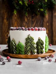 A white chocolate orange cranberry cake with green Christmas trees piped along the side of the cake.