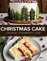 Two images of a Christmas cake with green piped trees along the sides of the cake.