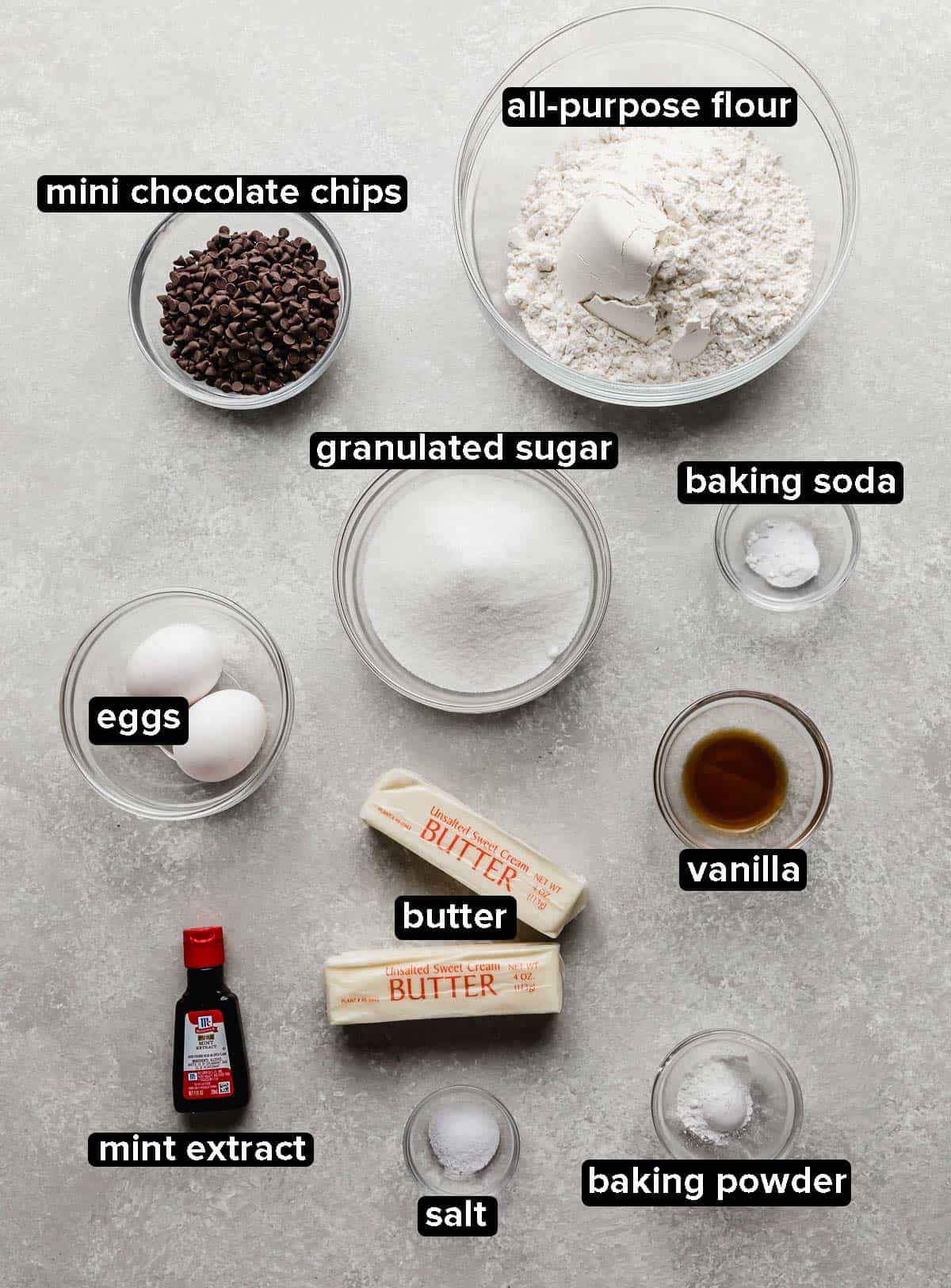 Ingredients used to make a Copycat Crumbl Mint Chip Ice Cream Cookie.