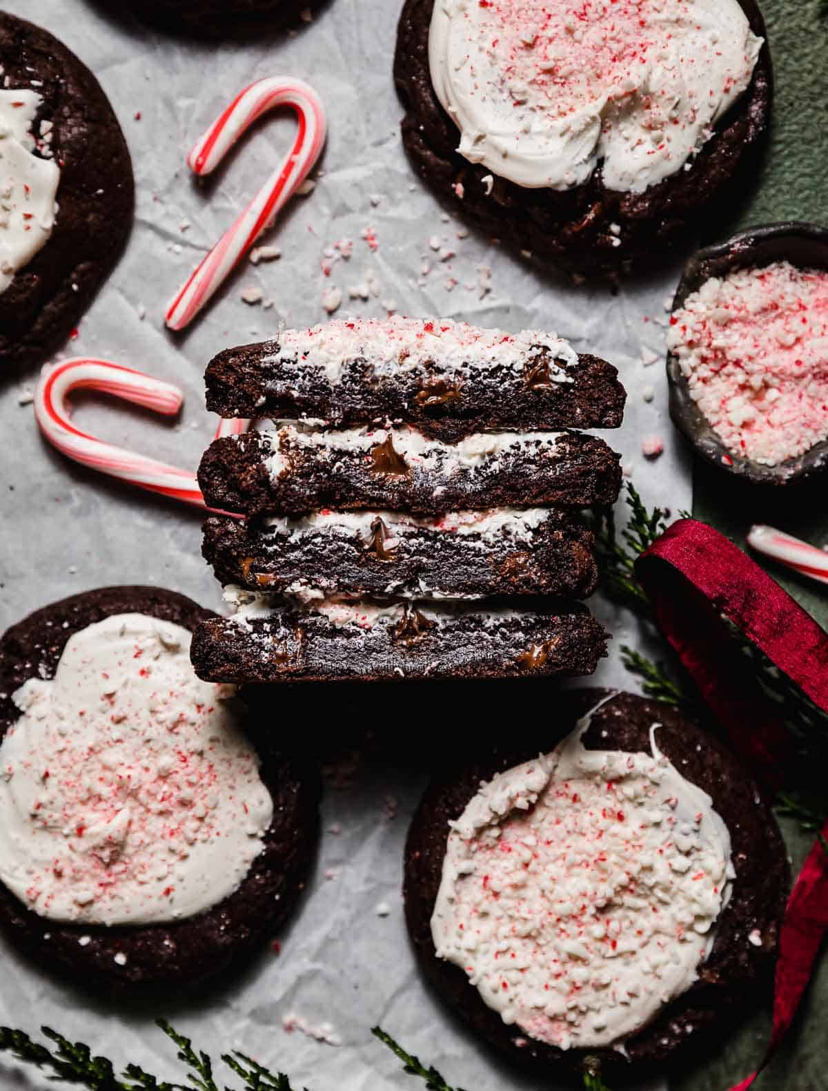 White chocolate and candy cane topped chocolate Peppermint Bark Cookies.