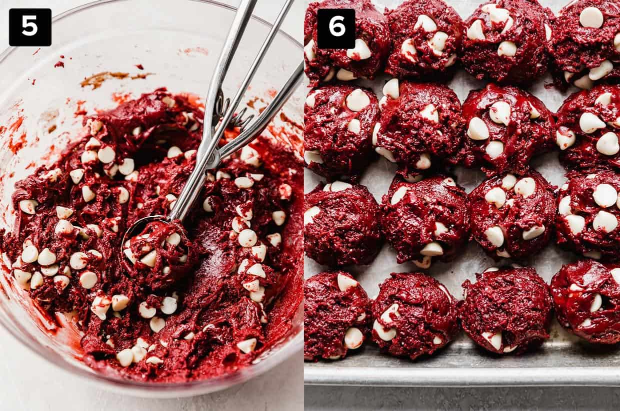 Two photos: left photo is a glass bowl full of Red Velvet Cake Mix Cookie dough batter; right photo is Red Velvet Cake Mix Cookie dough balls.