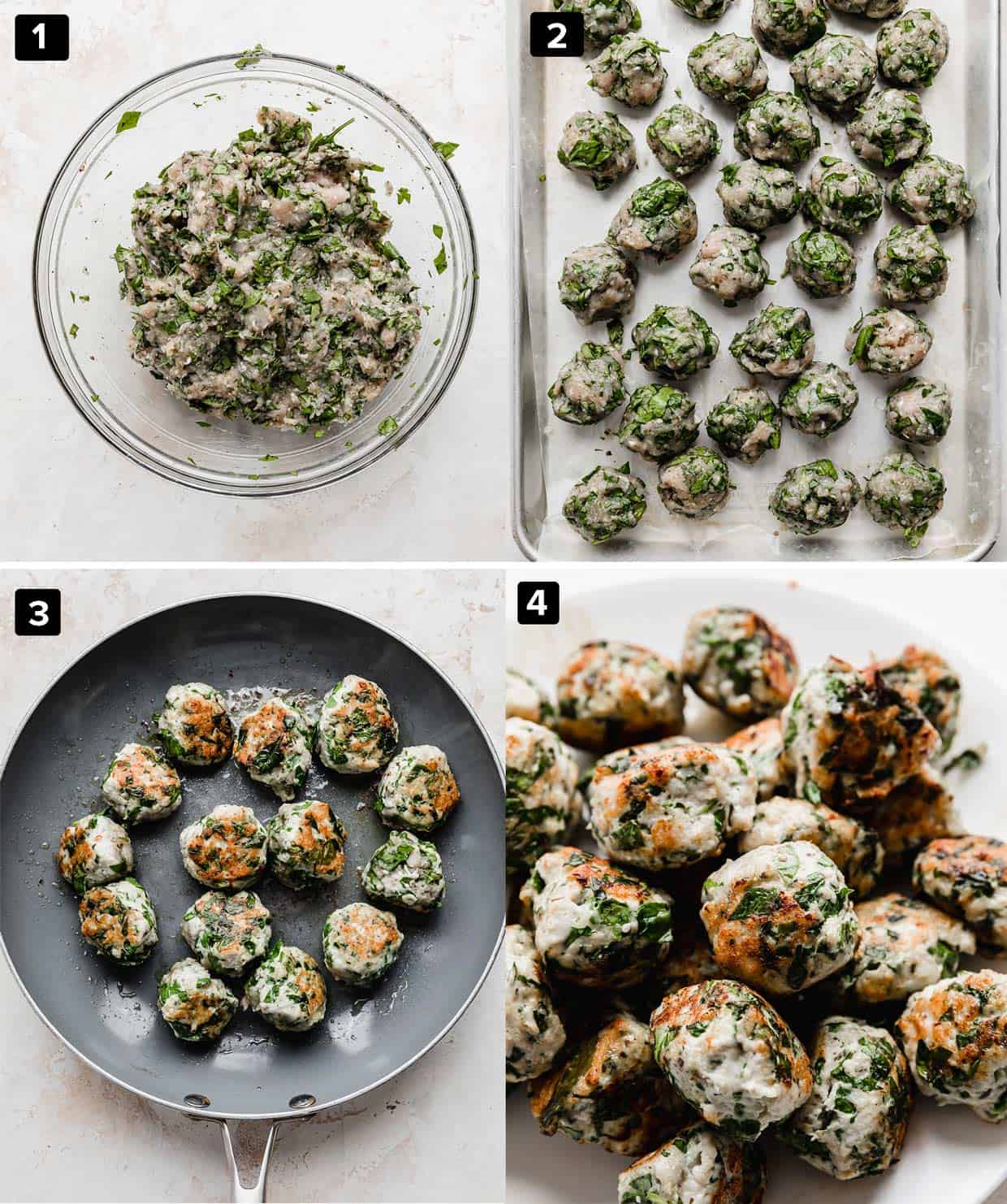 A collage of four photos showcasing how to make Turkey Spinach Meatballs.