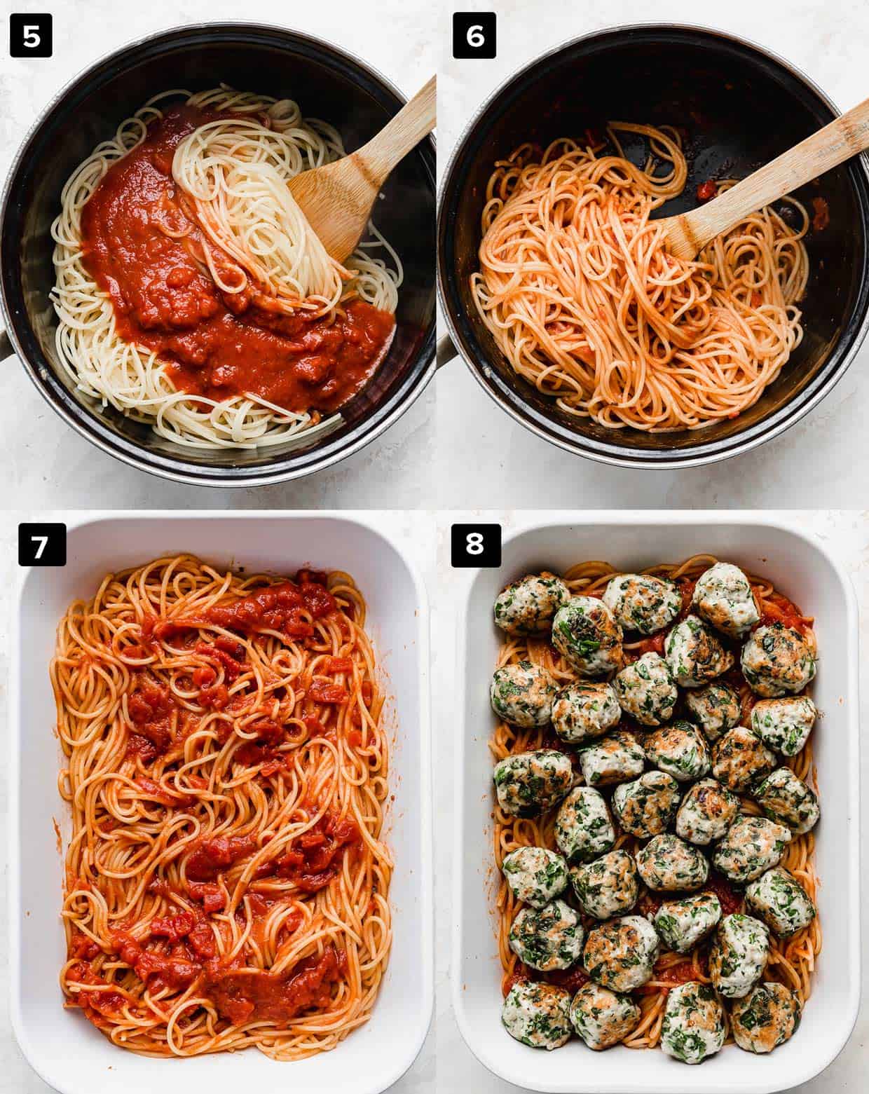 A four photo collage of spaghetti noodles being mixed with marinara sauce in a pot, then placed in a baking dish.