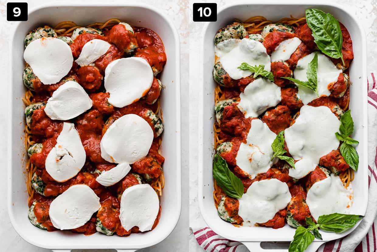 A baking dish full of spinach turkey meatballs and marinara sauce.