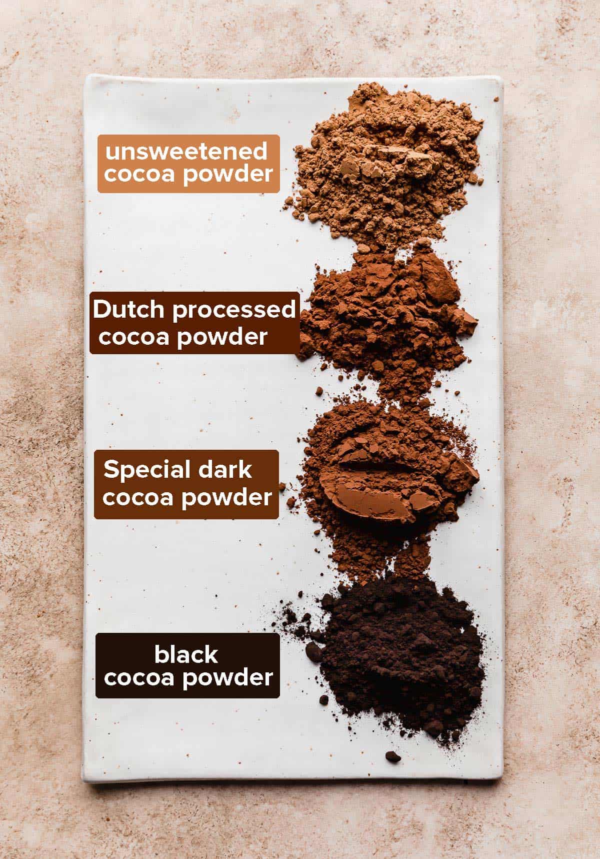 Unsweetened cocoa, dutch processed cocoa, special dark cocoa, and black cocoa on a white plate.