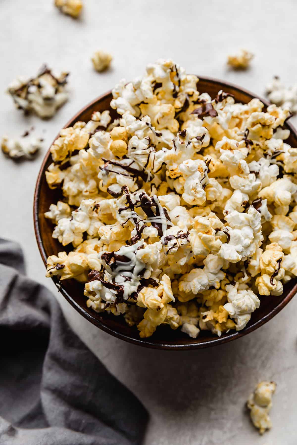 Chocolate Drizzled Popcorn in a bowl.
