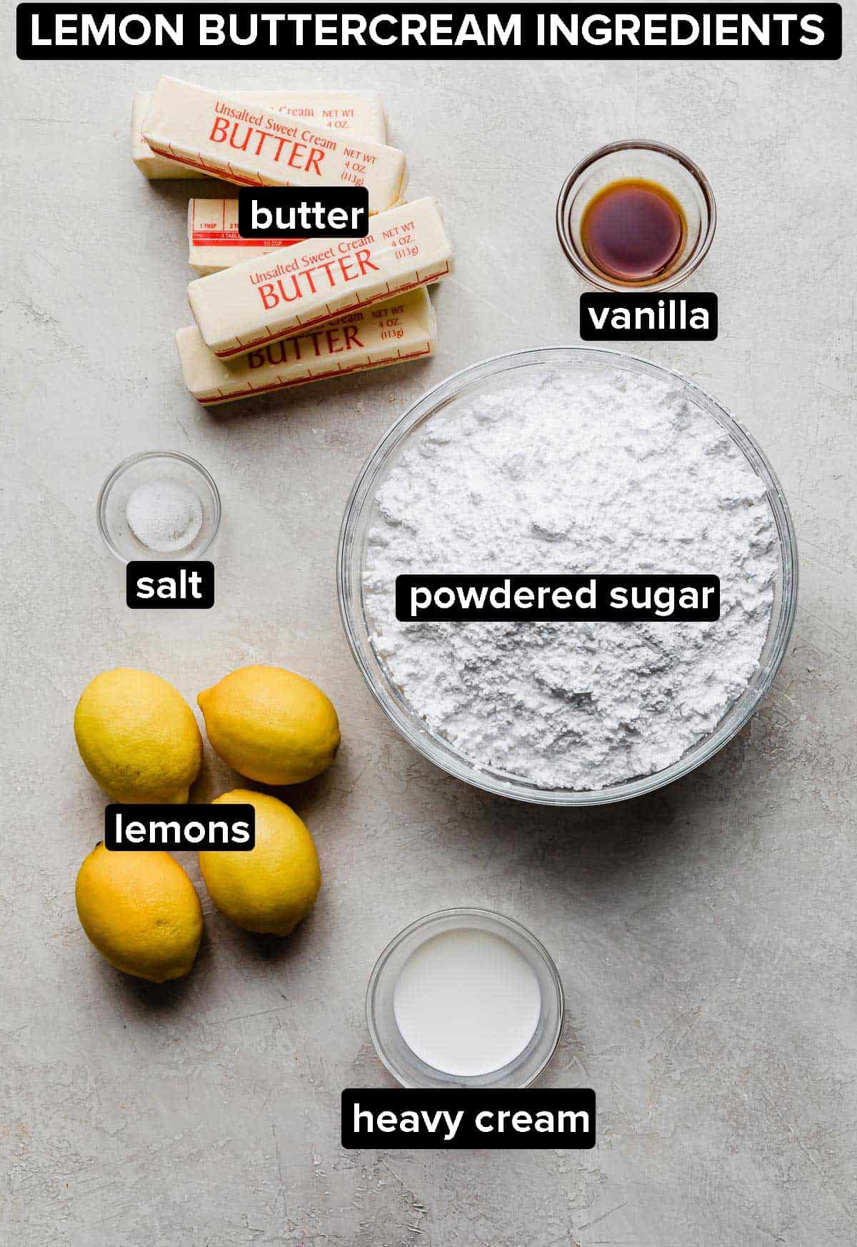 Lemon buttercream ingredients on a light grey background.