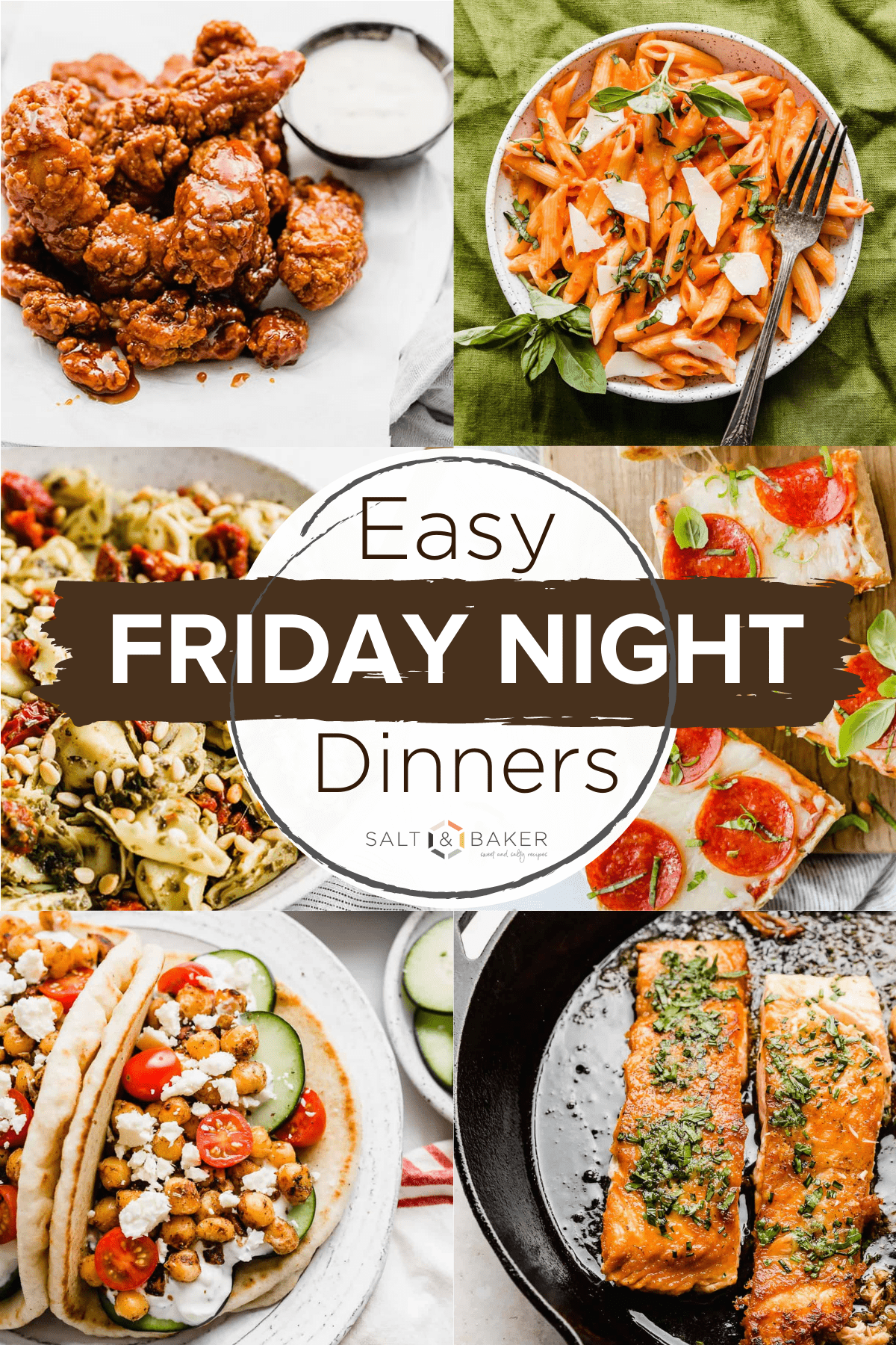 Easy Friday night dinner ideas are shown in a collage of images. 
