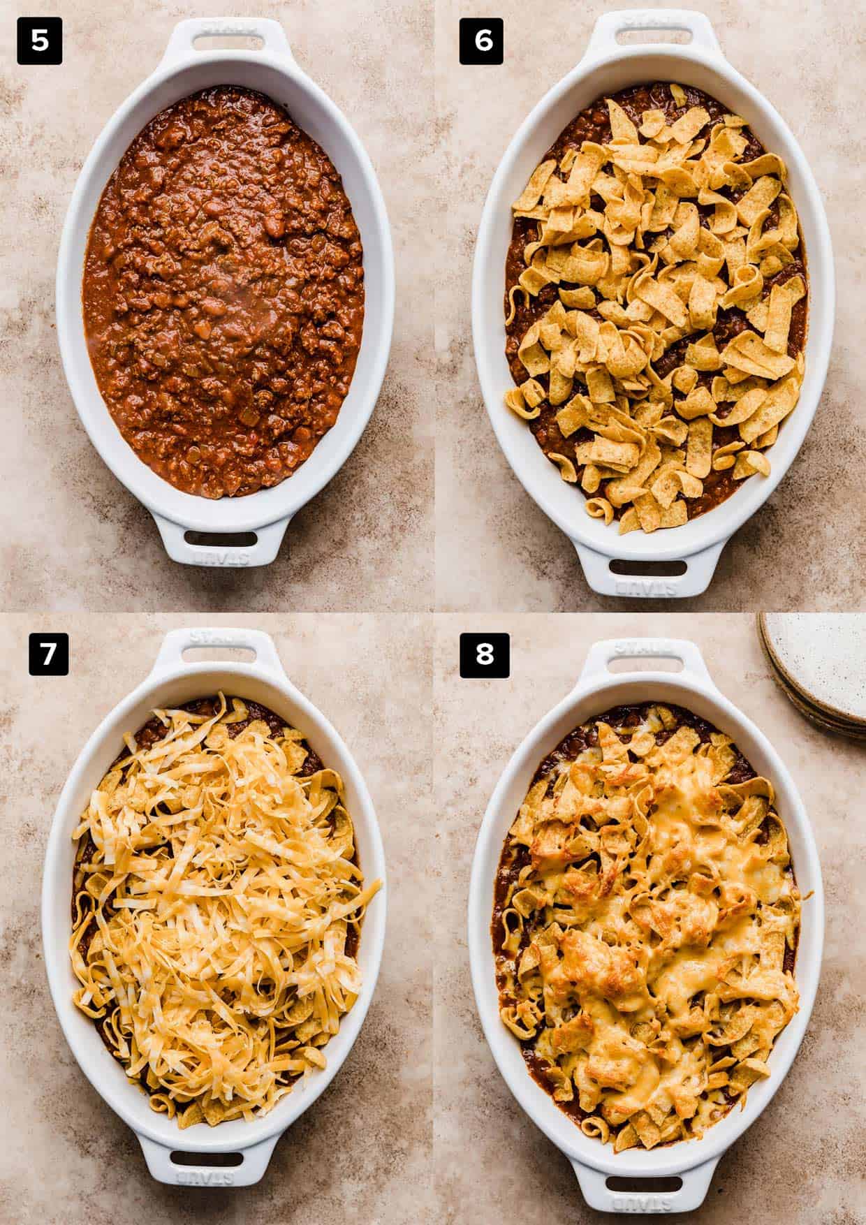A four photo collage of Walking Taco Casserole being made in a white oval baking dish, topped with Fritos and melted cheese.
