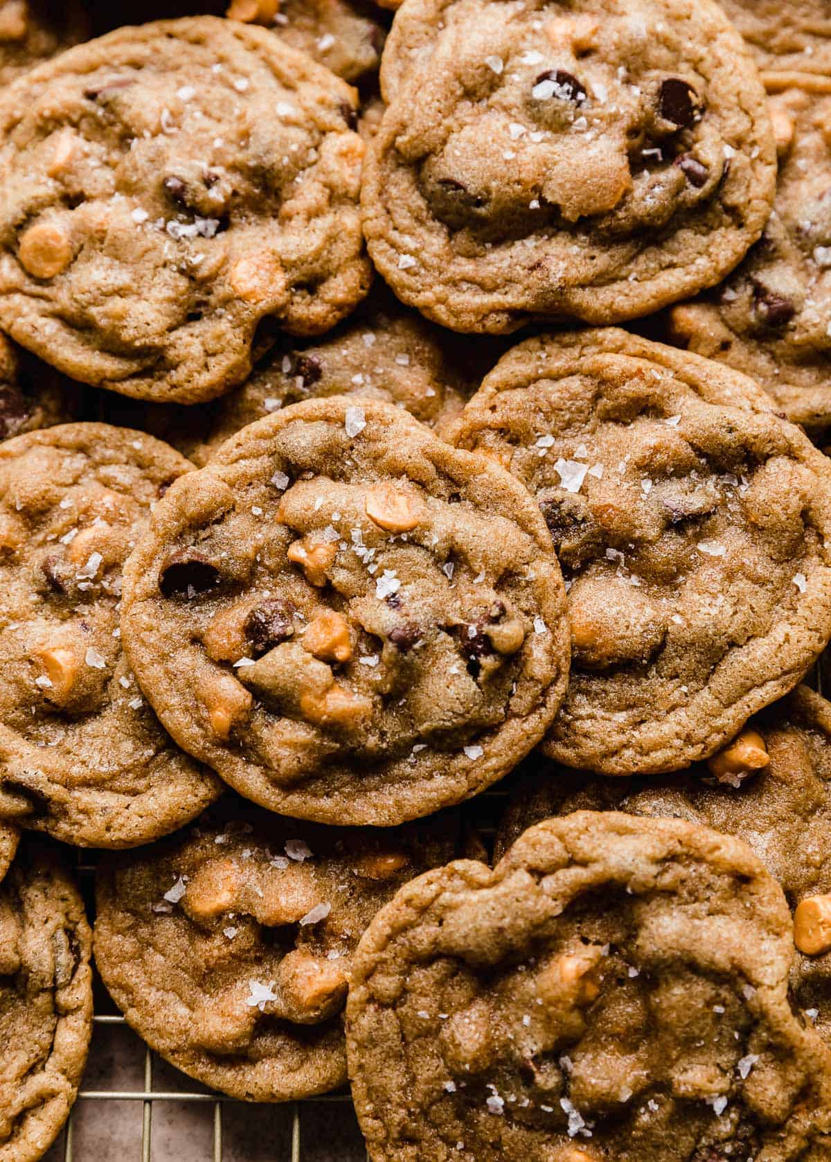 Butterscotch Chocolate Chip Cookies topped with sea salt.