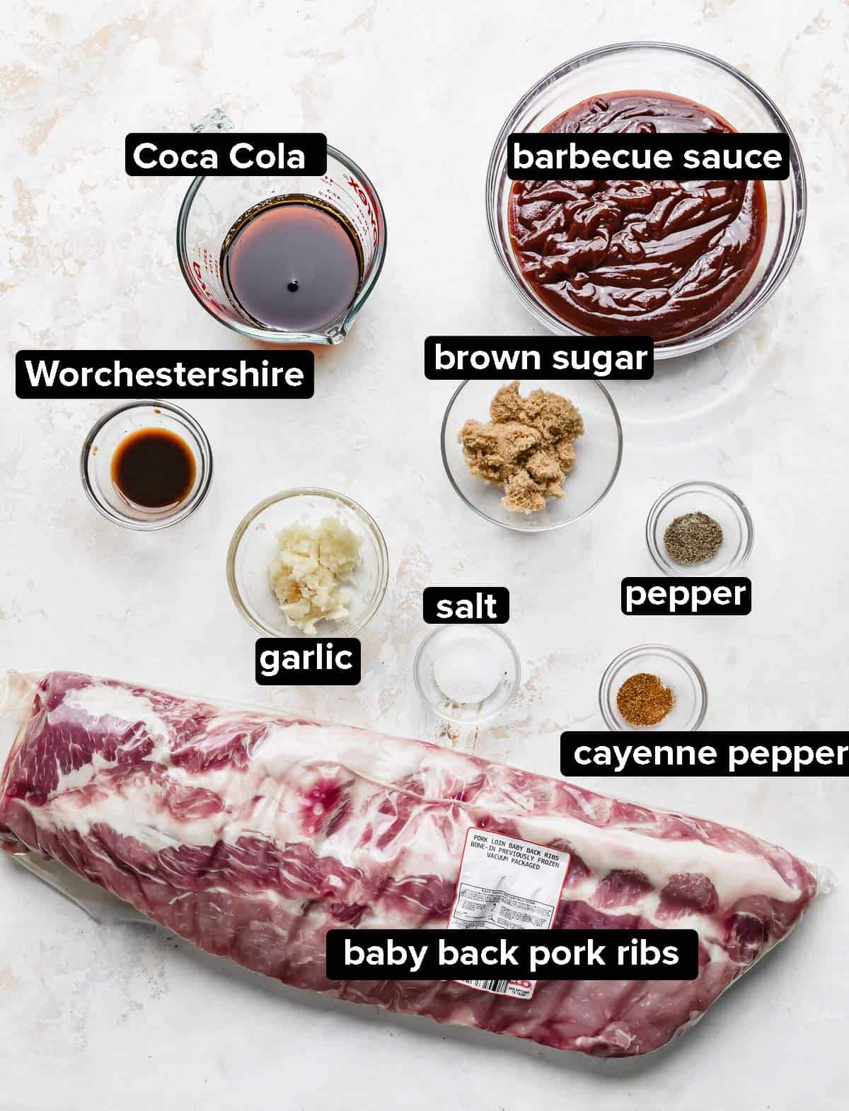 Ingredients used to make Coca Cola  Slow Cooker ribs with barbecue sauce on a white background.