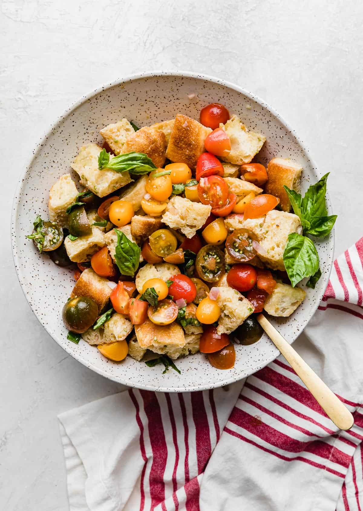 A large white bowl with fresh Panzanella Toscana in it and garnished with basil.