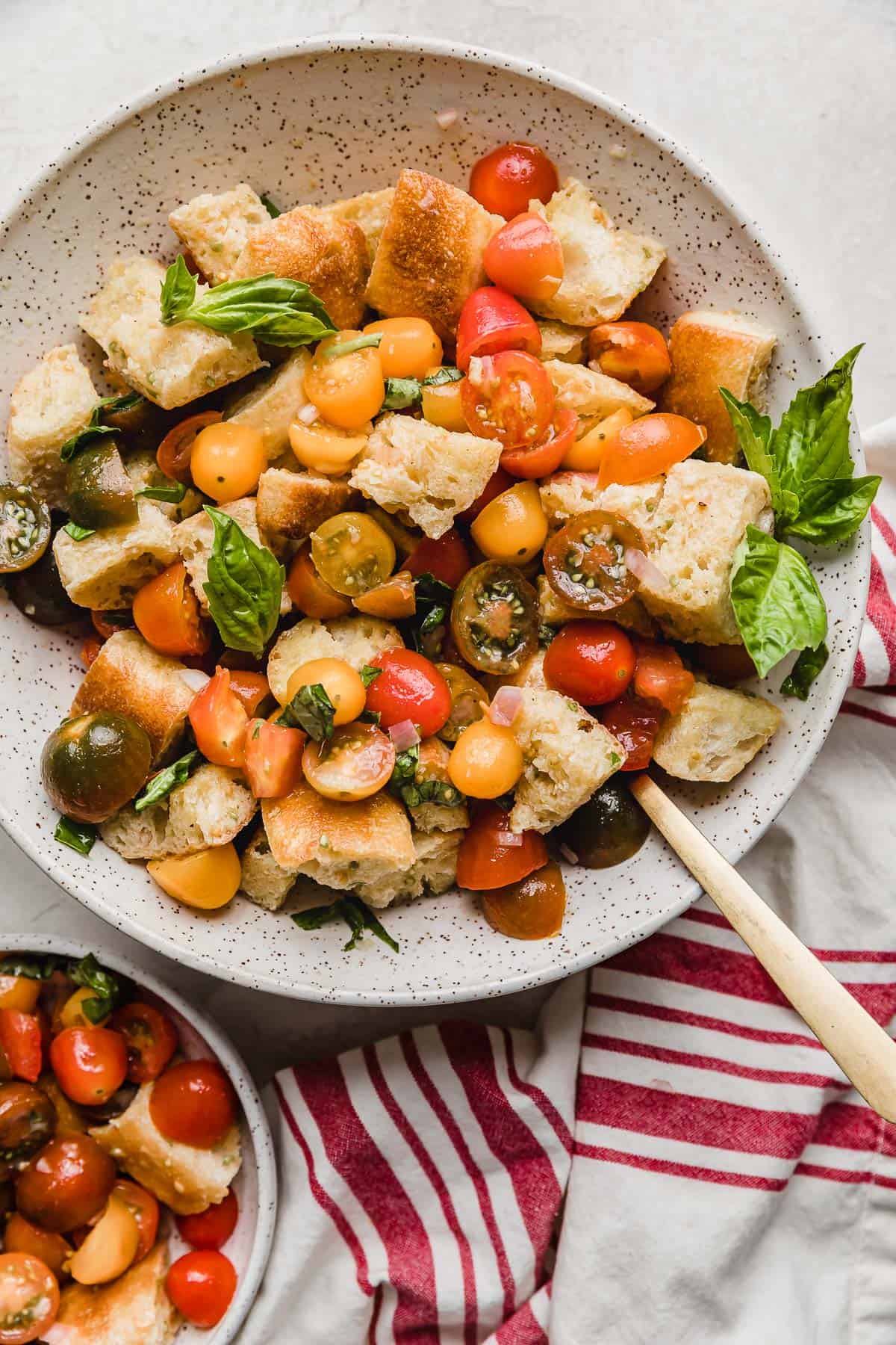 A bowl filled with panmolle or Panzanella Toscana with stale bread, chopped tomatoes, and fresh basil.