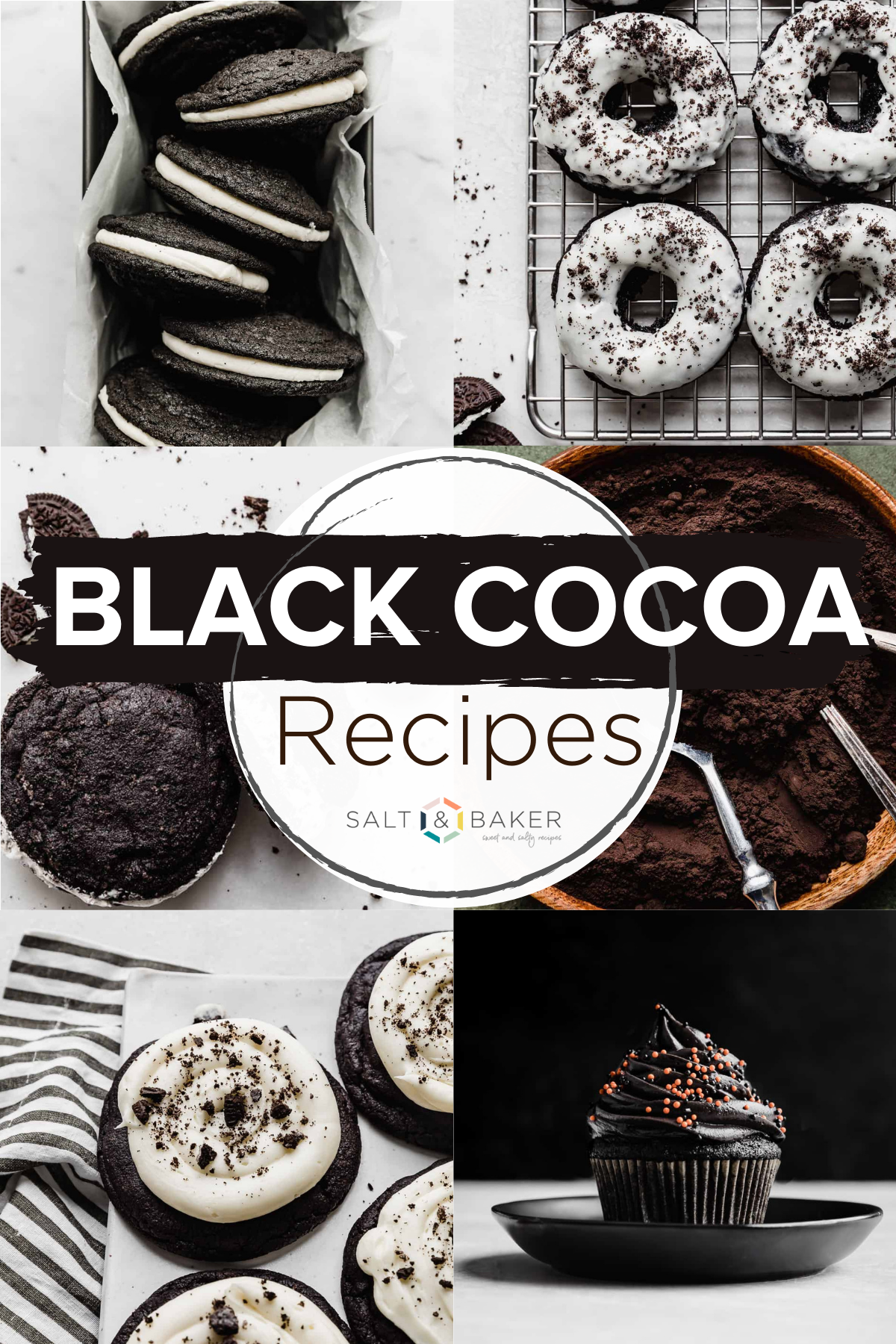 A collection of images of desserts made with black cocoa powder such as Oreo donuts, homemade Oreo cookies, black velvet cupcakes, black cocoa powder cookies, etc.