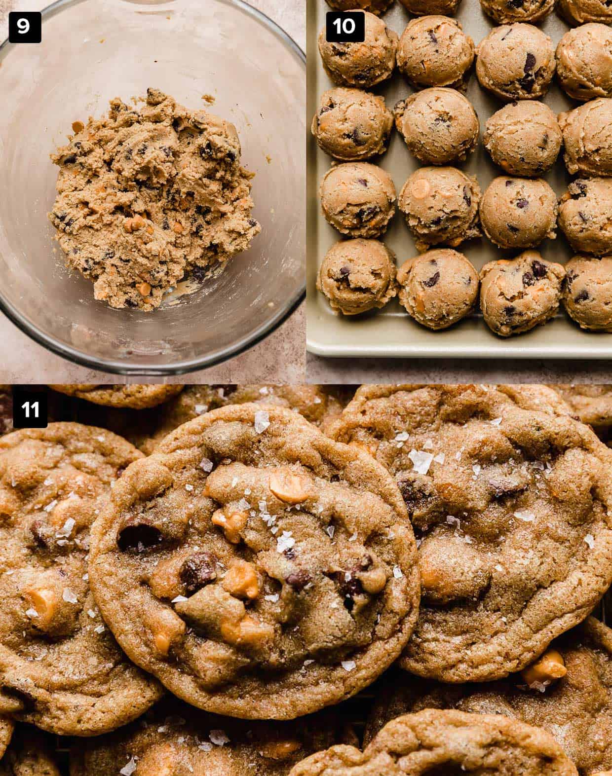 Three photos: left, a glass bowl with Butterscotch Chocolate Chip Cookie dough in it, right photo is the dough formed into balls, and photo on bottom is baked cookies.