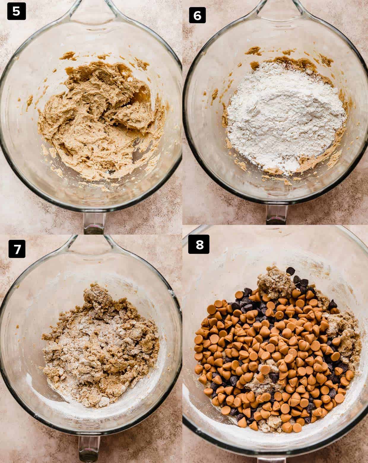 Four photos showing the making of Butterscotch Chocolate Chip Cookies with the batter in a glass bowl and adding of ingredients.
