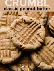 A close up photo of a copycat Crumbl Classic Peanut Butter Cookie with the words "Crumbl classic peanut butter" text over the image.