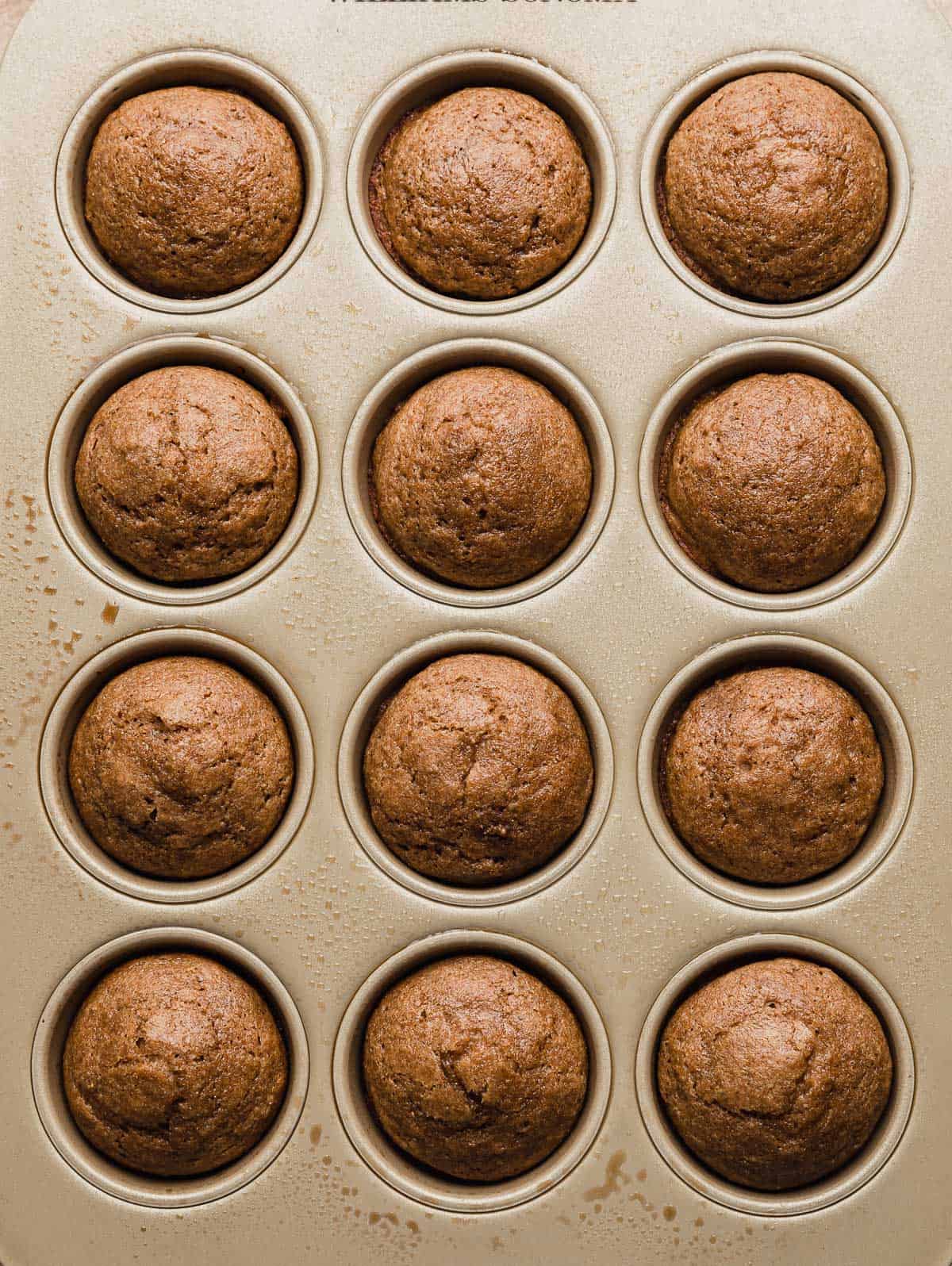 Baked all bran muffins made with buttermilk in a 12 capacity muffin tin.