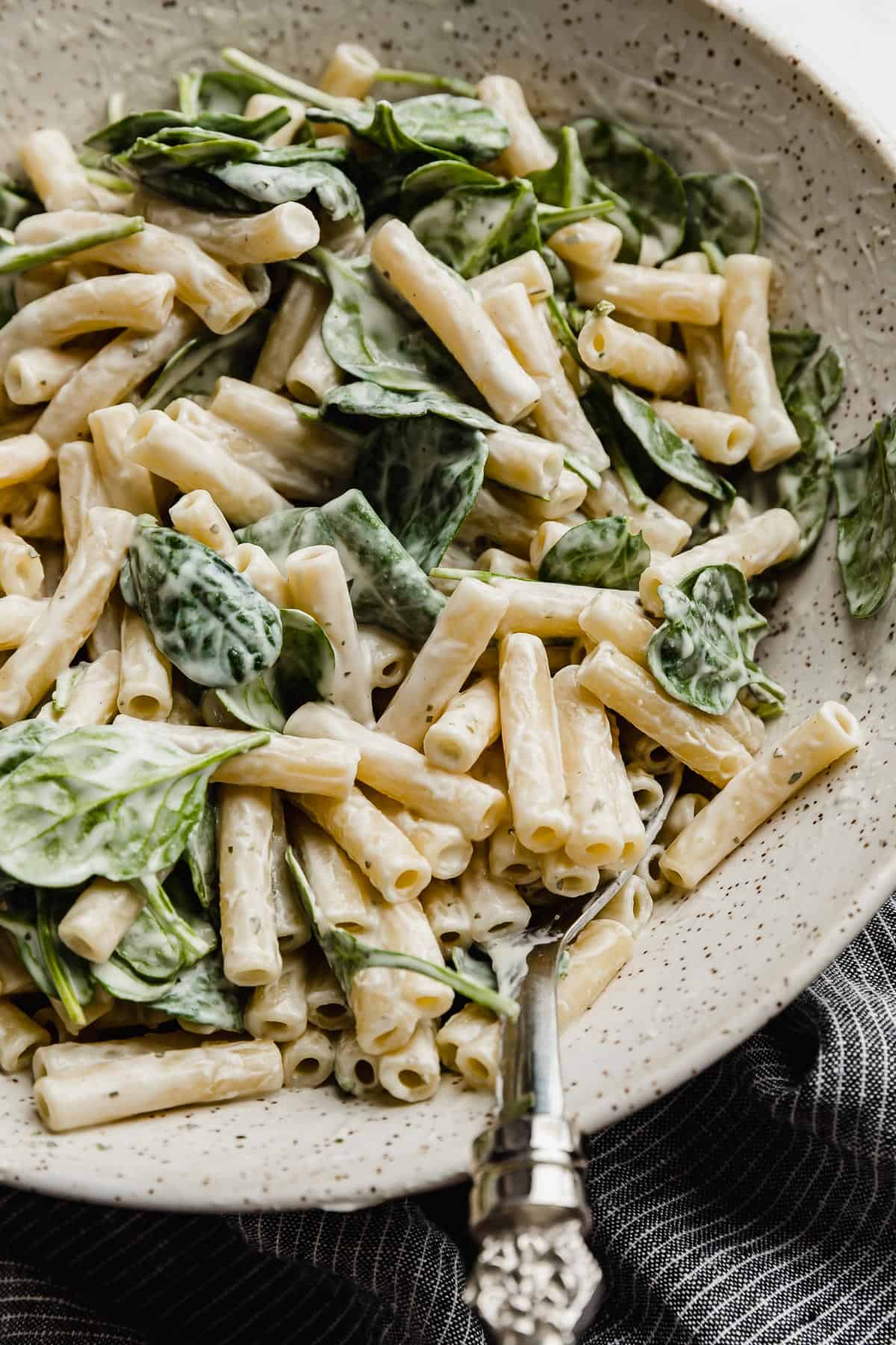 Creamy Boursin cheese pasta with spinach in a serving bowl.