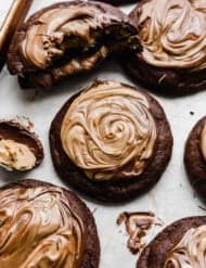 Chocolate and peanut butter swirled on top of a brownie cookie.