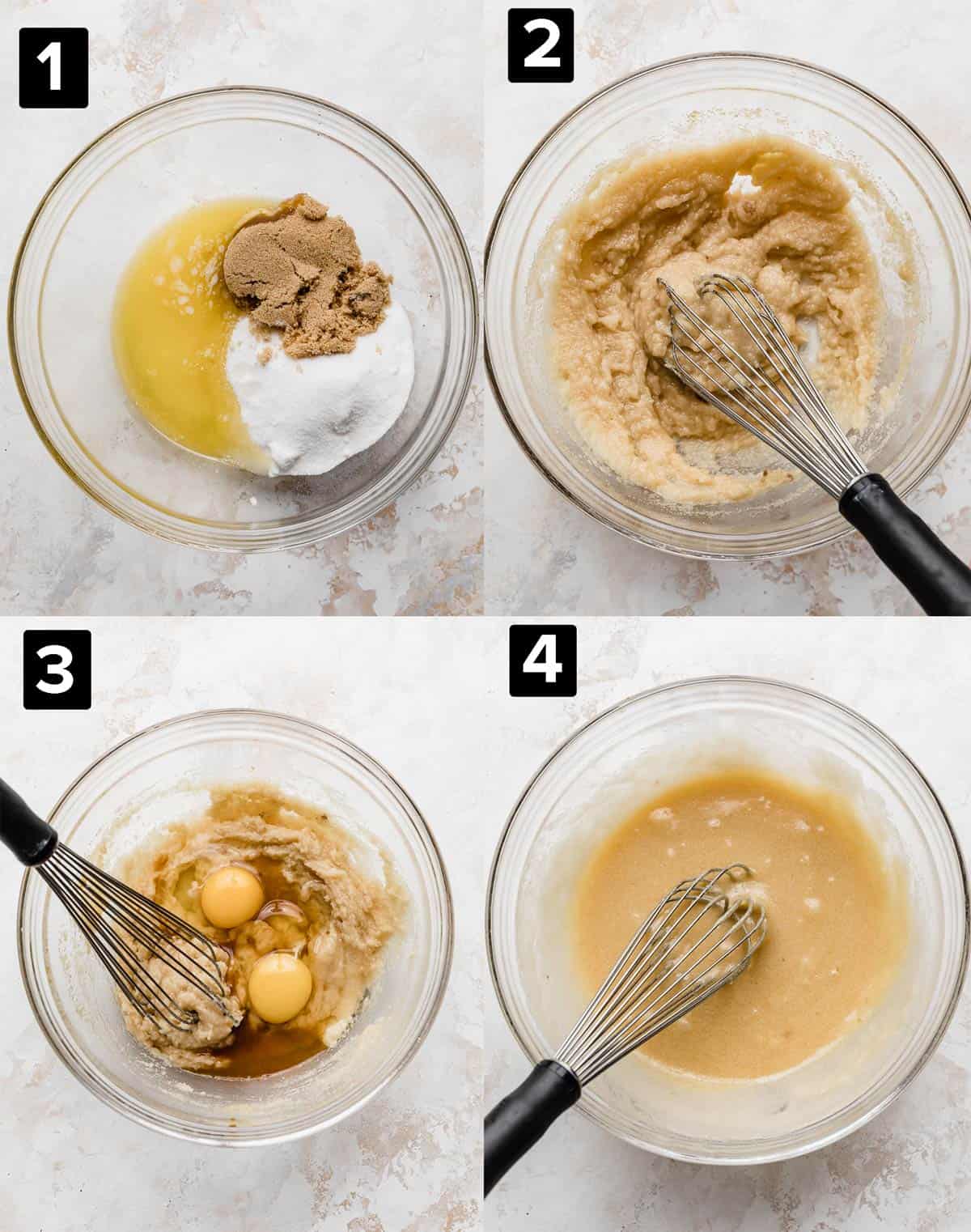 A four photo collage of making Black Cocoa Brownies: glass bowl with sugar and melted butter, then adding eggs and stirring. 