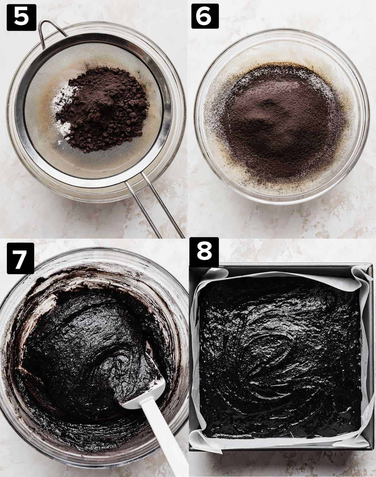 A four photo collage of making Black Cocoa Brownie batter in a glass bowl.