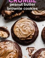 A chocolate and peanut butter mixture swirled overtop a Peanut Butter Brownie Cookie.
