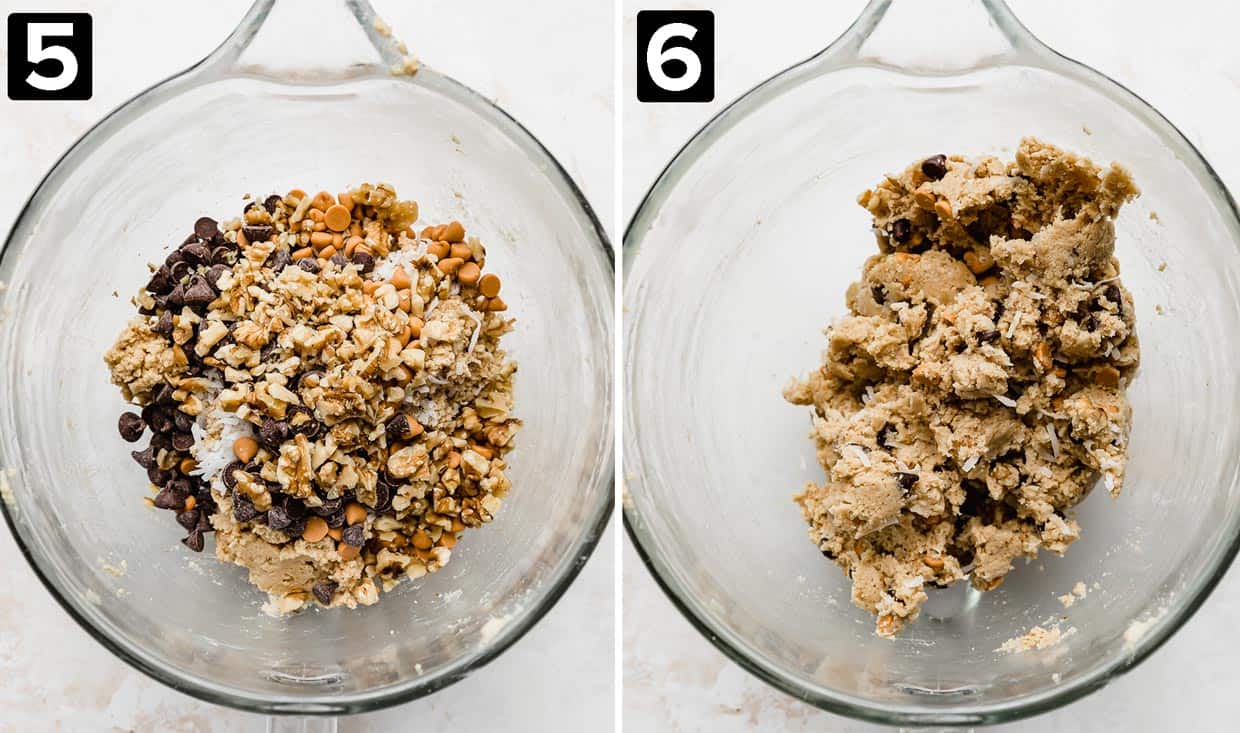 Two photos side by side, left photo has walnuts, coconut, and baking chips in a mixing bowl, and the left photo is 7 Layer Bar Cookie dough in a mixing bowl.