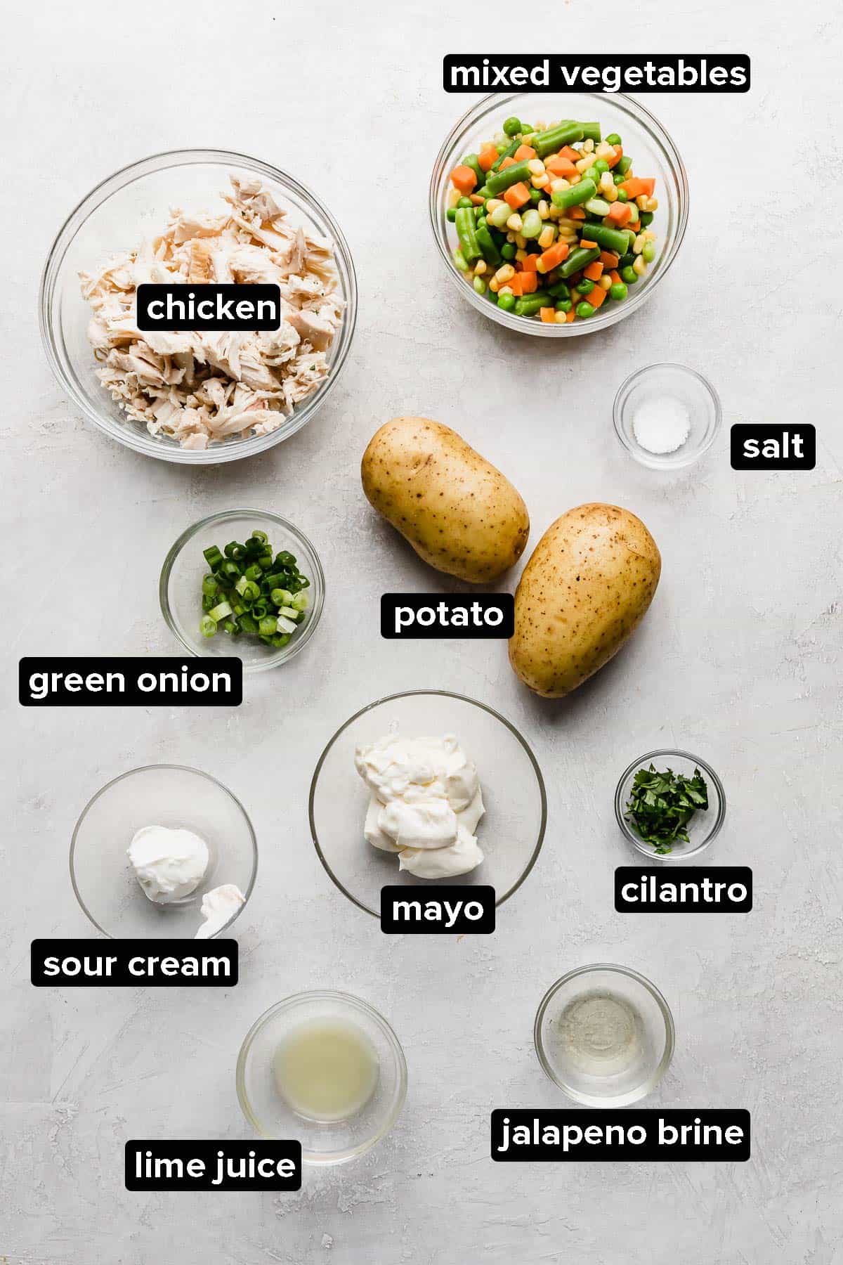 Ensalada de Pollo (Mexican Chicken Salad) ingredients on a light grey background. 