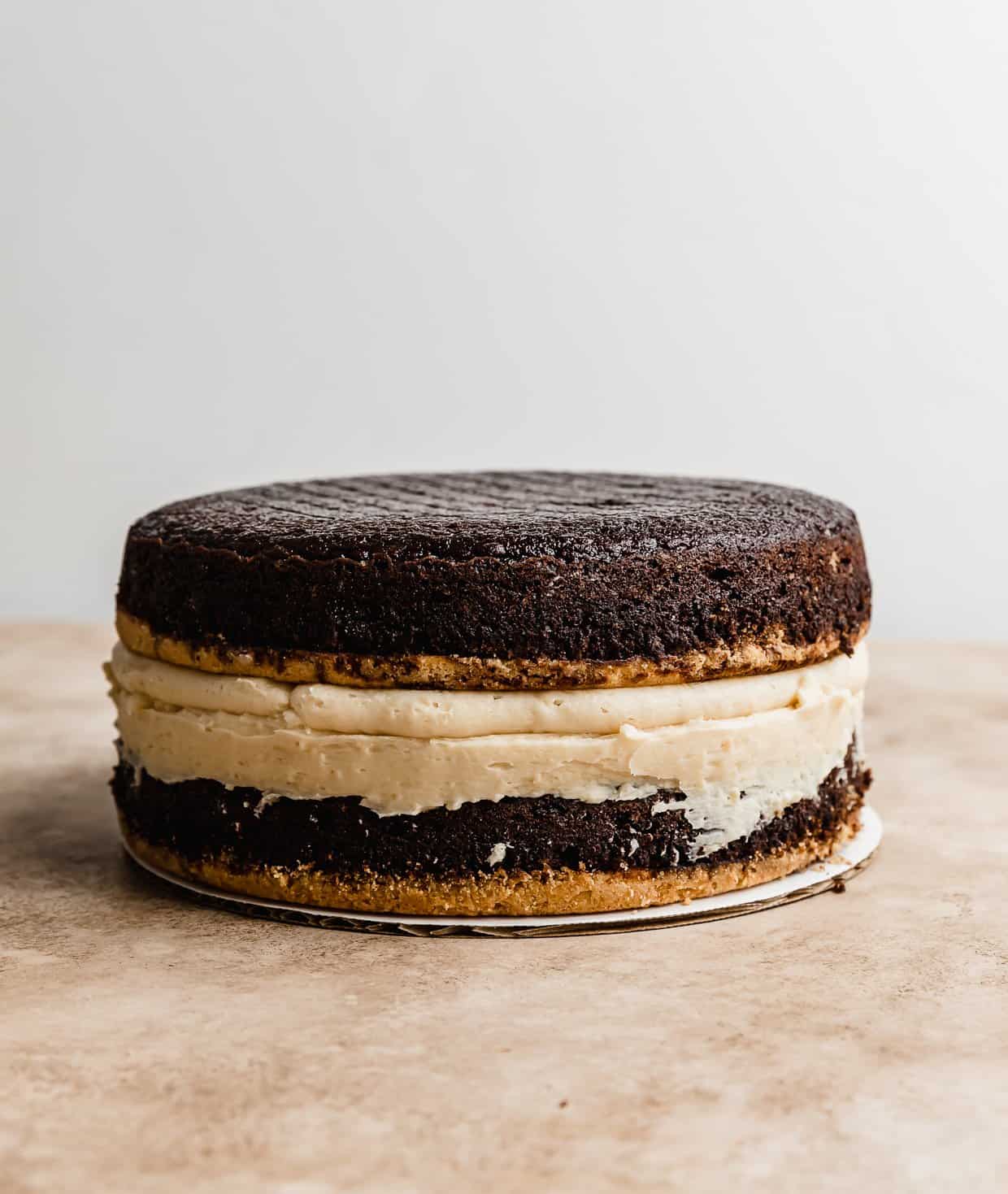 Two layers of chocolate cake on top of each other, against a white background.