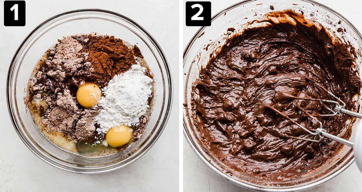 Two photos showing how to make brownie batter cookies: left has eggs and dry ingredients in glass bowl, right is brownie batter in bowl mixed together.