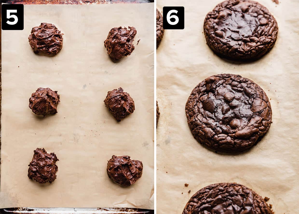 Two photos: left shows six Crumbl Brownie Batter Cookie dough balls on baking sheet, right photo is a single baked Crumbl Brownie Batter Cookie.