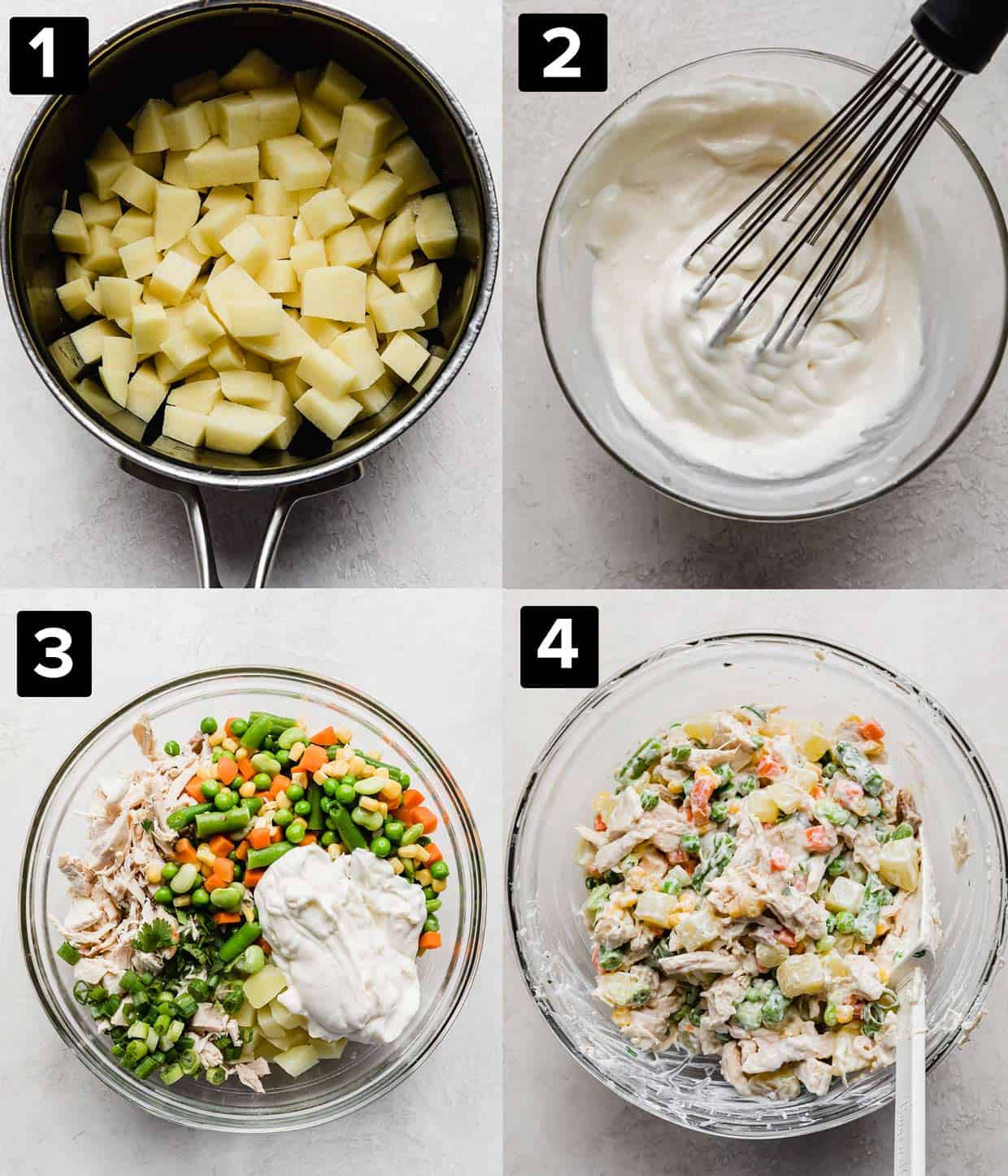 A four photo collage showing how to make Mexican chicken salad tostadas: diced potatoes in a black pot, mayo mixture in a glass bowl, Mexican chicken salad before storing, and then after stirring.