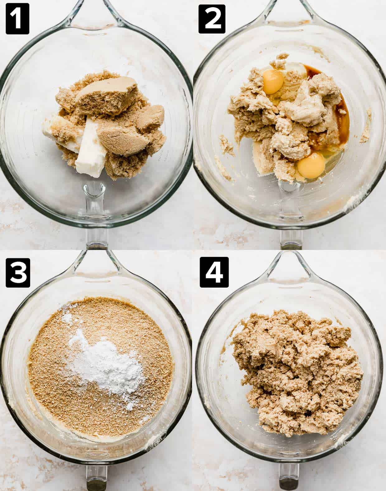 Four photos showing the process to make Graham Cracker Cookies using a glass mixing bowl.