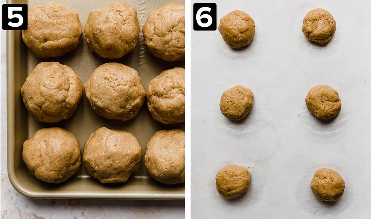 Two photos: left is Graham Cracker Cookie dough balls on a bronze baking sheet, right photo shows six dough balls on a white parchment paper.